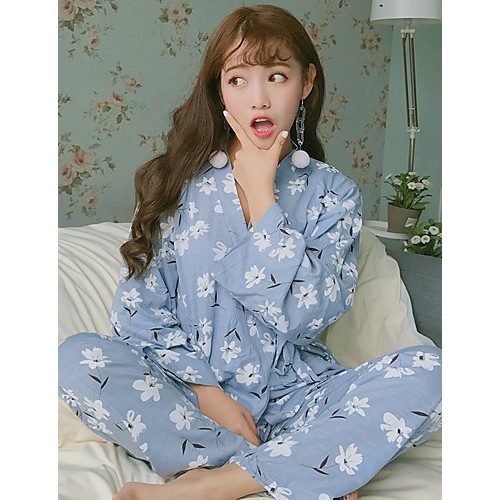 Spring and autumn cute Japanese cotton kimono pajamas female Korean long-sleeved cardigan thin section tracksuit suit