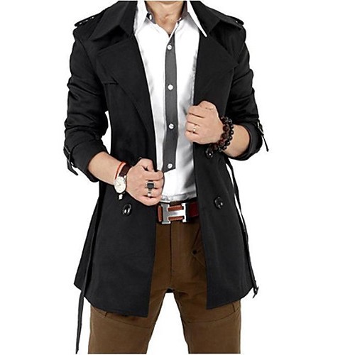 Men's Plus Size / Casual/Daily Simple Trench Coat,Solid Long Sleeve Black Polyester