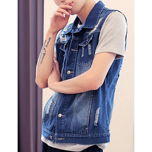 Men's Sleeveless Casual Jacket,Cotton Solid Blue