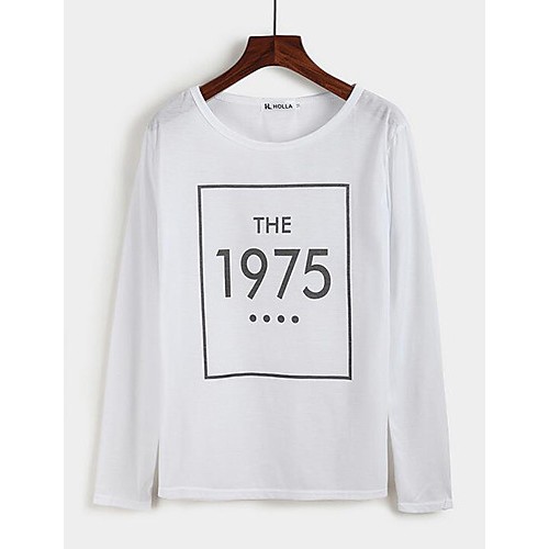 Women's Casual/Daily Street chic Spring / Fall T-shirtLetter Round Neck Long Sleeve White / Black Cotton Medium