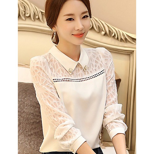 Women's Casual/Daily Simple Spring Shirt,Solid Shirt Collar Long Sleeve White Cotton Medium