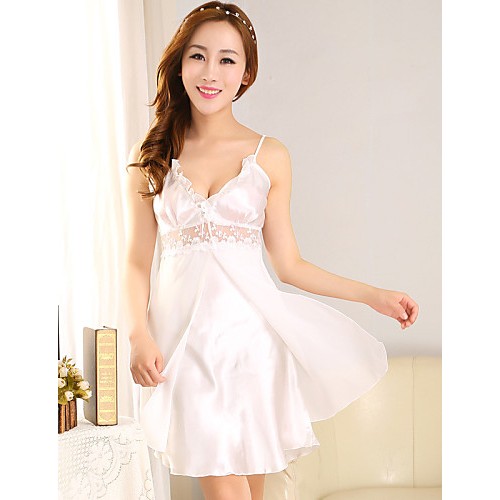 Women Polyester / Satin Sexy V Neck Strap Dress Pajama Thin