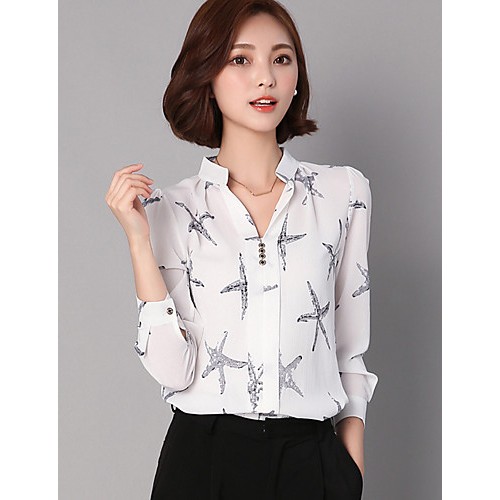 Women's Casual/Daily Street chic All Seasons ShirtPrint Stand Long Sleeve Blue / White / Black Rayon / Polyester Thin