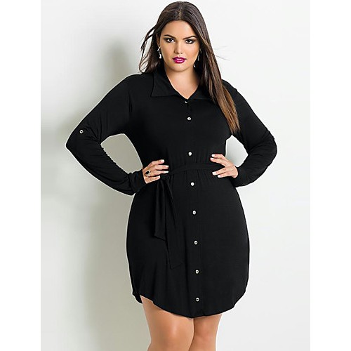 Women's Plus Size / Casual/Daily Vintage All Seasons ShirtSolid Shirt Collar Long Sleeve Black Polyester Medium