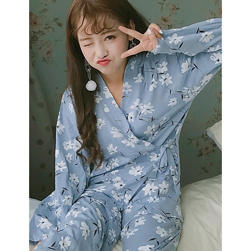 Spring and autumn cute Japanese cotton kimono pajamas female Korean long-sleeved cardigan thin section tracksuit suit